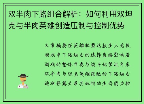 双半肉下路组合解析：如何利用双坦克与半肉英雄创造压制与控制优势
